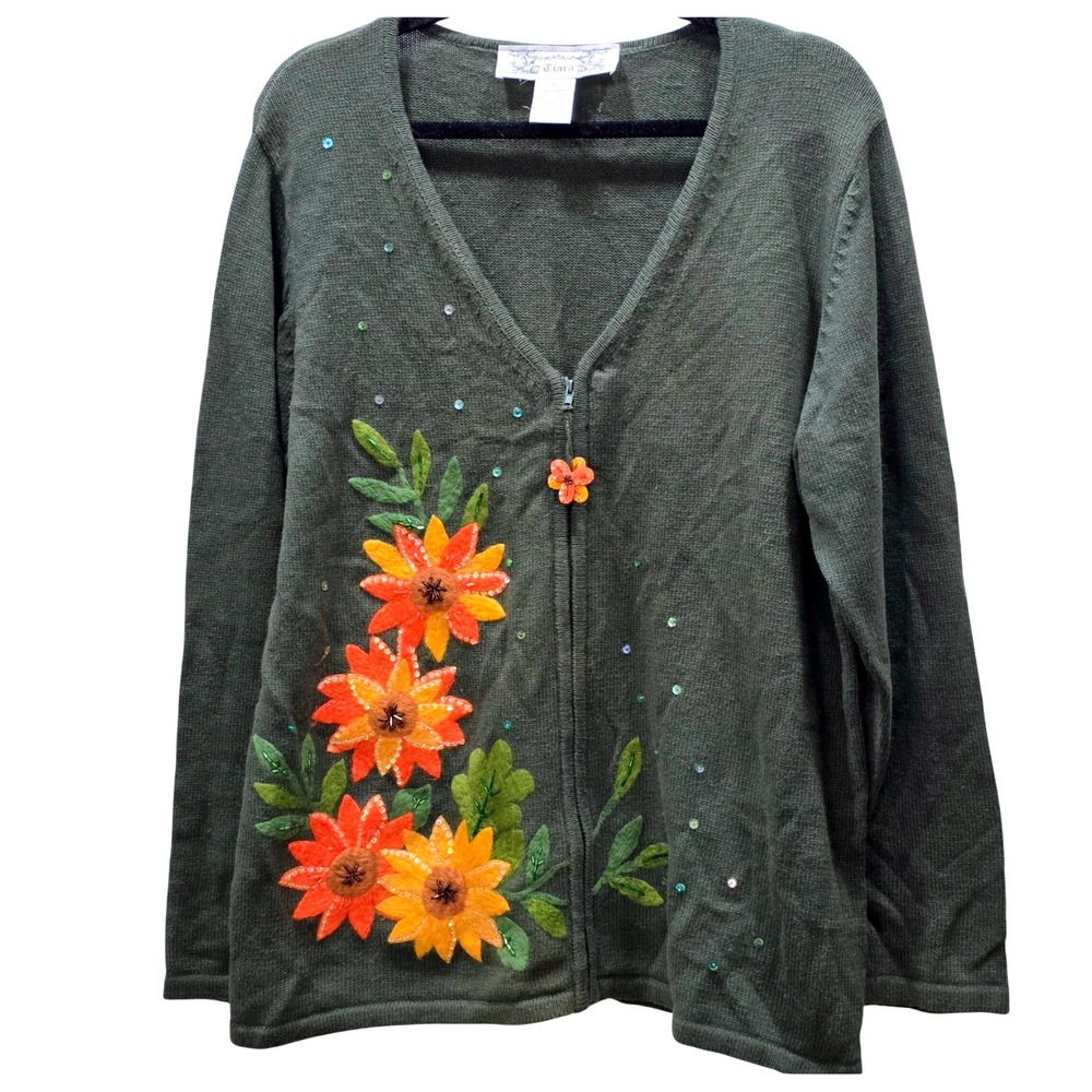 Tiara International Olive Green Floral Embroidered Sequin Zip Cardigan Sweater L